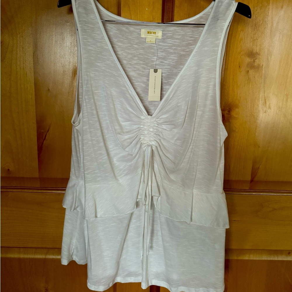 Anthropology Maeve Lightweight V-Neck Tank With Ruffle & Tie. Size XL, White NWT